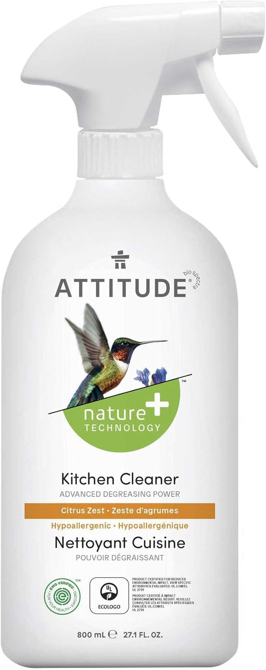 ATTITUDE Kitchen Cleaner Spray, EWG Verified, Powerful Degreaser, Cuts Grease & Grime, Plant-Based & Vegan, Citrus Zest Scent, 27.1 Fl Oz (Pack of 2)