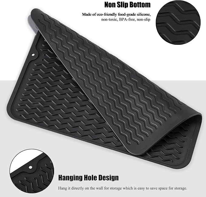 Silicone Dish Drying Mat, Non-Slip Easy Clean Sink Mat Large Heat-resistant Dish Drainer Mat for Kitchen Counter, Sink, Refrigerator or Drawer liner (16" x 12", BLACK)