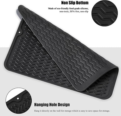 Large 14" x 11" Silicone Dish Drying Mat for Kitchen Counter, Easy clean, Quick Dry, Heat-resistant Dish Drainer Mat for Sink,Refrigerator or Drawer liner (Food Grade Silicone-Black)