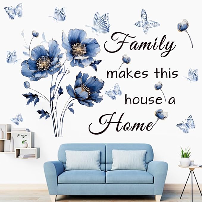 Blue Family Quote Wall Stickers Family Make This House a Home Wall Decals Peel and Stick Vinyl Wall Sticker for Living Room Bedroom Office (Blue-Black)