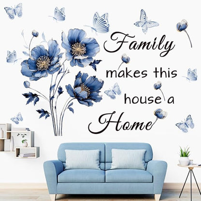 Blue Family Quote Wall Stickers Family Make This House a Home Wall Decals Peel and Stick Vinyl Wall Sticker for Living Room Bedroom Office (Blue-Black)
