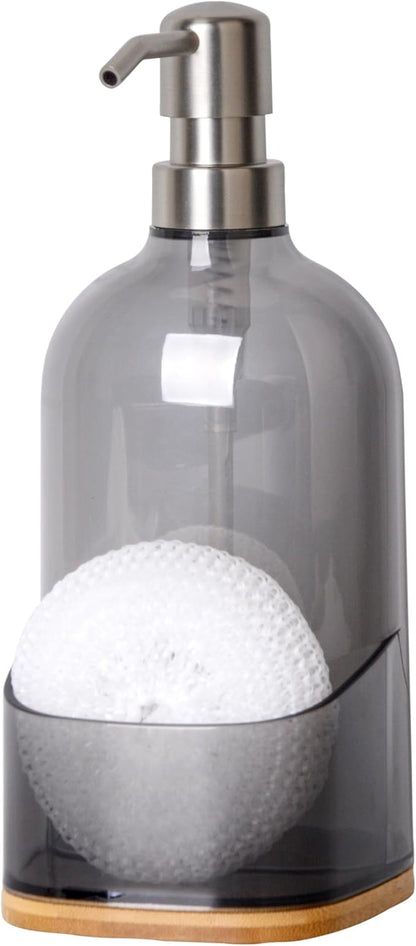 Kitchen Soap Dispenser with Sponge Holder, Refillable Acrylic Dish Soap Dispenser 17oz for Kitchen Sink and Bathroom, Anti Slip, Countertop Home Decor (Grey)