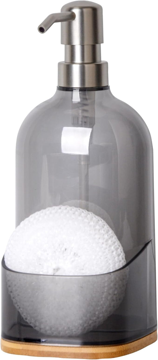 Kitchen Soap Dispenser with Sponge Holder, Refillable Acrylic Dish Soap Dispenser 17oz for Kitchen Sink and Bathroom, Anti Slip, Countertop Home Decor (Grey)