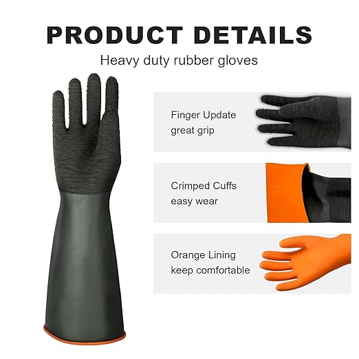 North Tower Heavy Duty Rubber Gloves, Industrial Gloves Waterproof Reusable Protective Work for Cleaning, Dishwashing, Upgraded with Non-Slip Design, Black（18in,2 pair）