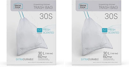 Home Zone Living 8 Gallon Kitchen Trash Bags with Drawstring Handles, Heavy Duty Custom Fit Design for Standard 30 Liter Kitchen Trash Cans, Code 30S, 60 Count (Pack of 2)