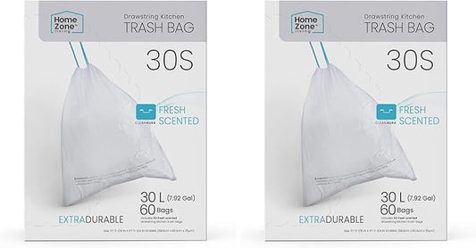 Home Zone Living 8 Gallon Kitchen Trash Bags with Drawstring Handles, Heavy Duty Custom Fit Design for Standard 30 Liter Kitchen Trash Cans, Code 30S, 60 Count (Pack of 2)