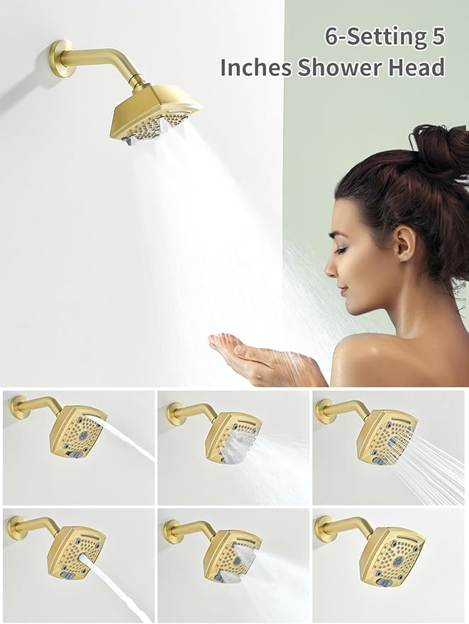 Brushed Gold Shower Head and Handle Set 5 Inch Bathtub Faucet Shower Faucet with 6-Spray Shower Head Shower Valve Kit Modern Shower Set High-Pressure Shower Trim Kit