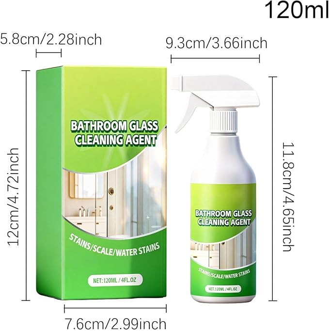 Bathroom Glass Cleaner – 120ml Household Solution, Water Stain Remover, Clear Spray | Quick Acting Formula, Shine Restore Care for Tiles Bathtubs Faucets Shower Heads Rooms