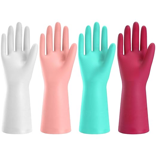 KAQ Rubber Cleaning Gloves for Dishwashing: 4 Pairs Colorful Reusable Kitchen Gloves for Household Washing Dishes - Non-Slip and Flexible for Women - Small