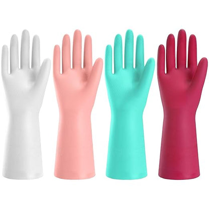 KAQ Rubber Cleaning Gloves for Dishwashing: 4 Pairs Colorful Reusable Kitchen Gloves for Household Washing Dishes - Non-Slip and Flexible for Women - Small