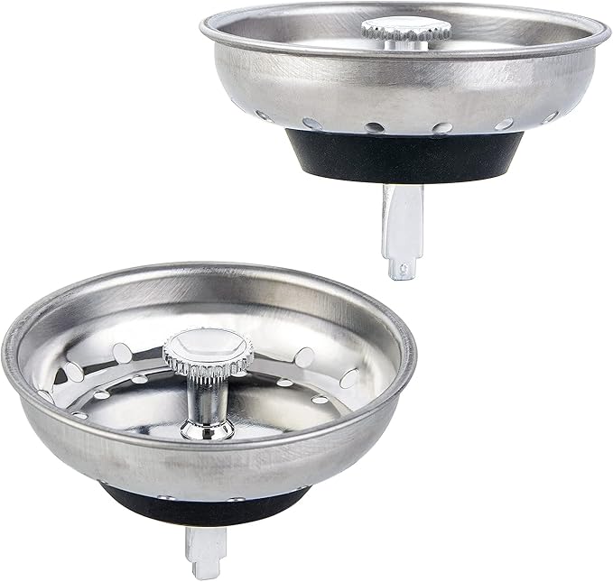 CORNERJOY 2 PCS Kitchen Sink Strainer and Stopper Combo Basket Replacement for Standard 3-1/2 inch Drain,Stainless Steel Basket with Rubber Stopper Bottom