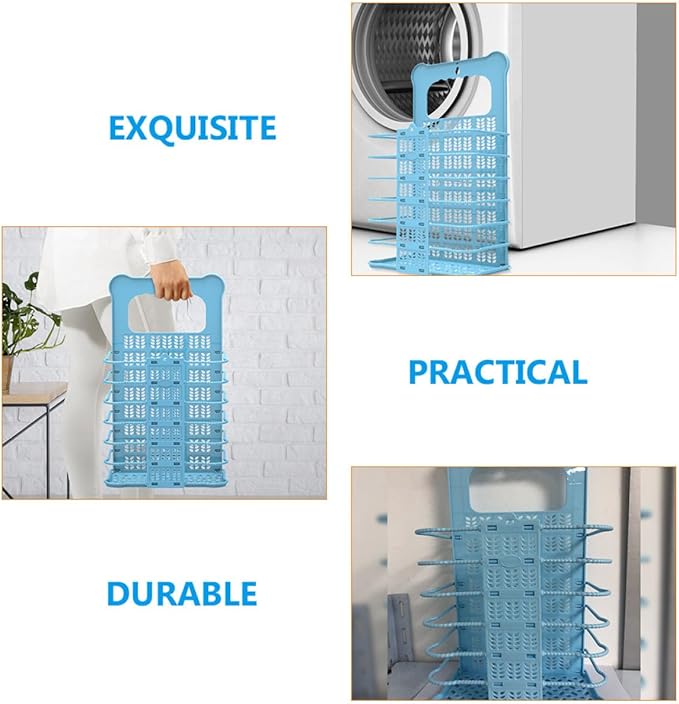 Folding Laundry Hamper Small Blue Plastic Wall Hanging Dirty Clothes Basket Collapsible Storage Organizer for Laundry Room and Bedroom