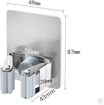 HANZE 4 Pack Stainless Steel Mop Broom Holder Organizer, Self Adhesive Wall Mounted Mop Organizer Storage Rack Clip for Kitchen Bathroom and Garage (Rectangle, Large)