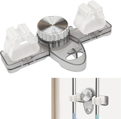Self Adhesive Broom Holder Wall Mount, No Punching Heavy Duty Broom and Mop Organizer, Non-slip Mop Hanger with 2 Slots & 1 Hook for Bathroom Kitchen Laundry Room, Gray
