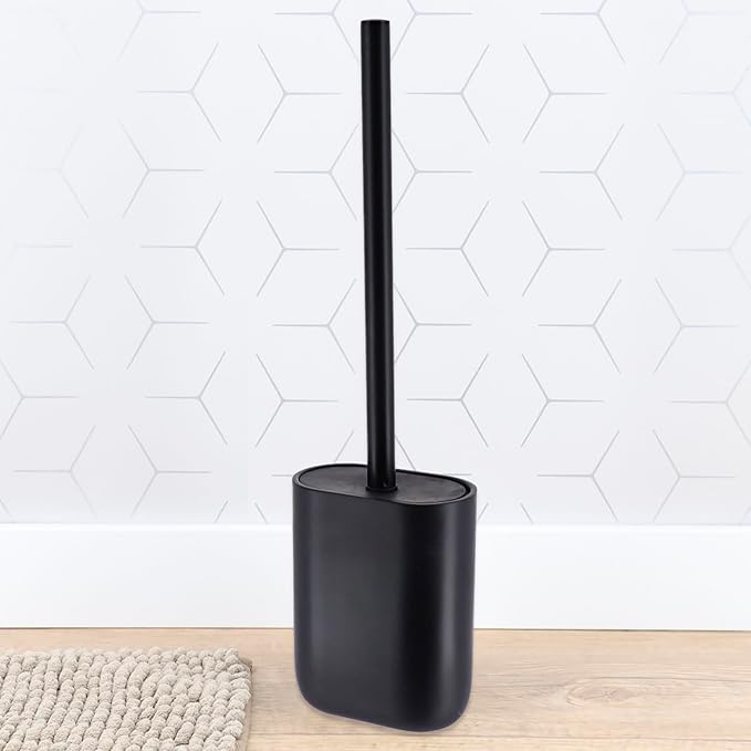 Oval Black Toilet Brush and Holder Set - Minimalist Polyresin Base, Stainless Steel Handle, Silicone Head - Japandi Collection