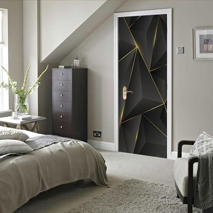 3D Door Sticker Mural - Geometric Black - Waterproof - Modern Style - Peel & Stick - 37.4 x 78.7 inch - 2 PARTS
