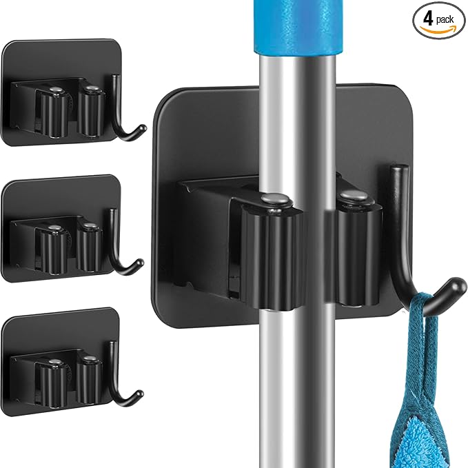 4 Pack Anti-Slip Broom Holder, Space-Saving, Damage-Free Wall Mount, Stainless Steel, Black