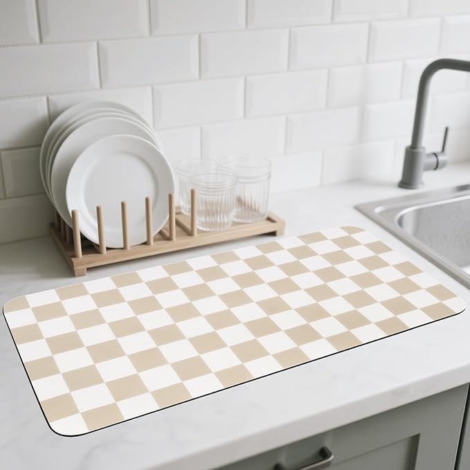 CooRug Checkered Dish Drying Mat for Kitchen Counter, Absorbent Non-Slip Coffee Mat, Heat Resistant Mat for Countertops Coffee Bar Decor 17" x 32" Khaki