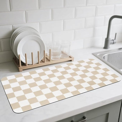 CooRug Checkered Dish Drying Mat for Kitchen Counter, Absorbent Non-Slip Coffee Mat, Heat Resistant Mat for Countertops Coffee Bar Decor 17" x 32" Khaki