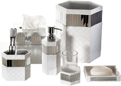 Creative Scents Quilted Mirror White Bathroom Trash Can 1.58 Gal / 6L – Decorative Waste Basket for Bathroom - Space Friendly Mirrored Wastebasket Bin, for Elegant Powder Room or Bedroom Decor