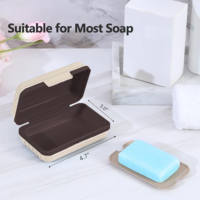 Quatish Bar Soap Holder Dish 1 Pack for Shower, Travel Soap Case with Lid for Gym, Camping Essentials, Hiking, Travel Size Toiletries, Portable, Leakproof, Brown