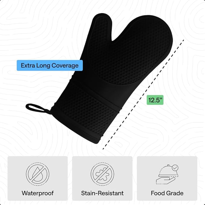 GORILLA GRIP BPA-Free Soft Silicone Oven Mitts, Heat Resistant and Waterproof Cooking Safety Gloves, Thick Cotton Lining, Flexible Gripping, Kitchen Potholders Set, for Grilling, BBQ, 12.5x8.3, Black