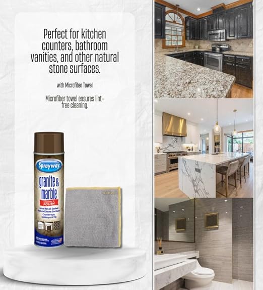 Sprayway Granite and Marble Cleaner 19 oz Spray Bundle with Microfiber Cloth – Cleans and Polishes Natural Stone Surfaces – Granite Countertop Cleaner – Gift Set (2 Items)