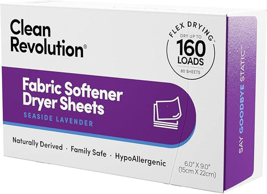 Clean Revolution Natural Fabric Softener Dryer Sheets, 80 Sheets, 160 Loads, Seaside Lavender, Naturally Derived, Sensitive Skin Safe, Made in the USA