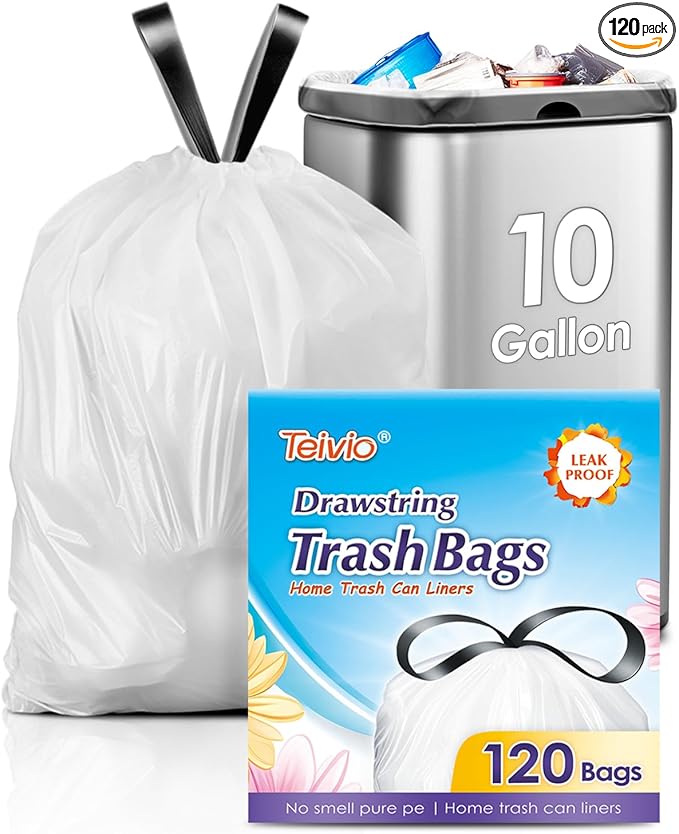 10 Gallon 120 Counts Strong Drawstring Trash Bags Garbage Bags by Teivio, Bathroom Trash Can Bin Liners, Plastic Bags for home office kitchen, White