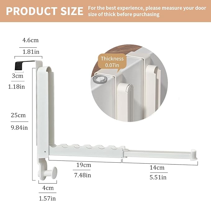 Over The Door Drying Rack, Foldable Portable Over The Door Hooks Hanger with Retractable Hanging Rod, Over The Door Clothes Drying Rack Equipped with Non-Slip Pads for Door Protecter (2, Milky White)