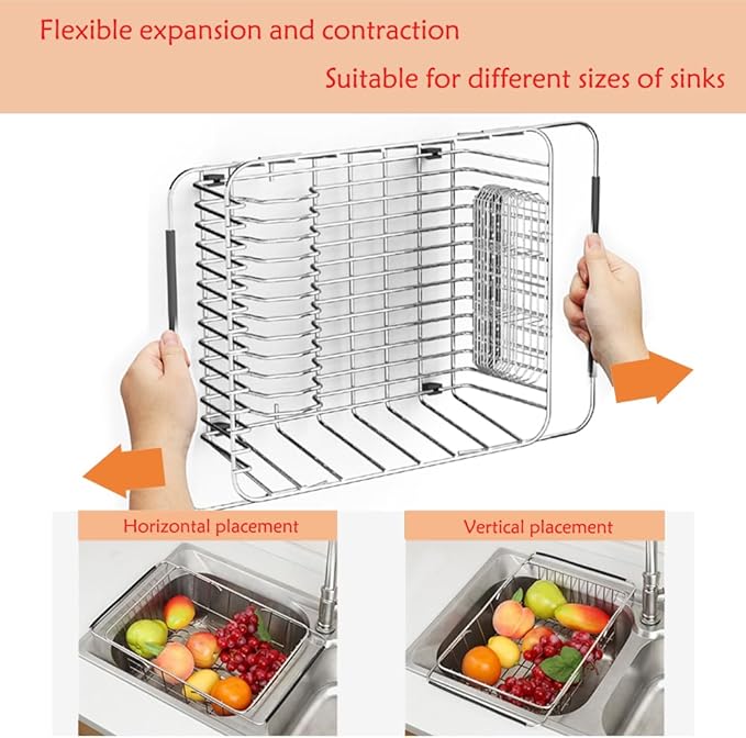 NiuYichee Stainless Steel Dish Drying Rack(15.2"L X 11"W X 5.3"H), Expandable Fruit & Vegetable Drain Rack over Sink, Dish Drainer Rack in Sink, with Stainless Steel Utensil Holder & Silicone Mat(16")