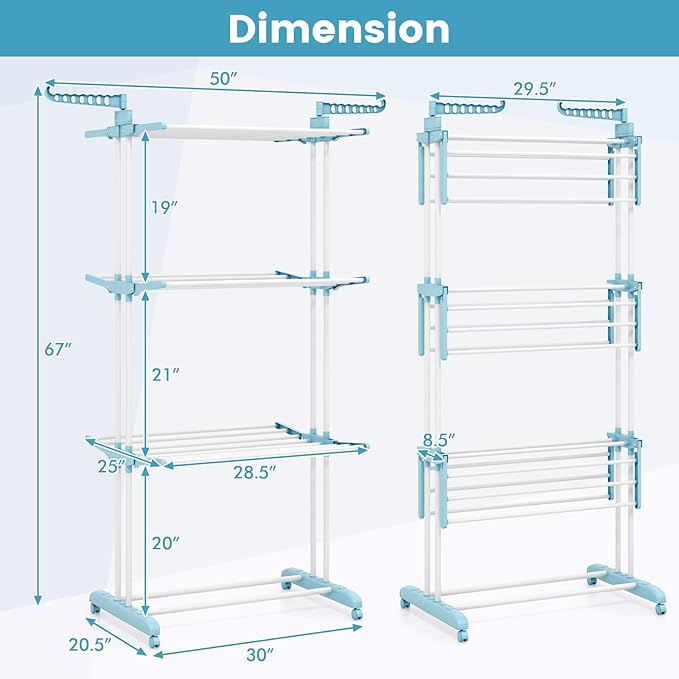 GOFLAME 4-Tier Clothes Drying Rack, Collapsible Clothes Horse Rack with Rotatable Side Wings and Foldable Shelves, Freestanding Garment Dryer Stand with Casters for Indoor and Outdoor Use, Blue