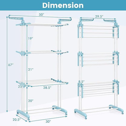 GOFLAME 4-Tier Clothes Drying Rack, Collapsible Clothes Horse Rack with Rotatable Side Wings and Foldable Shelves, Freestanding Garment Dryer Stand with Casters for Indoor and Outdoor Use, Blue