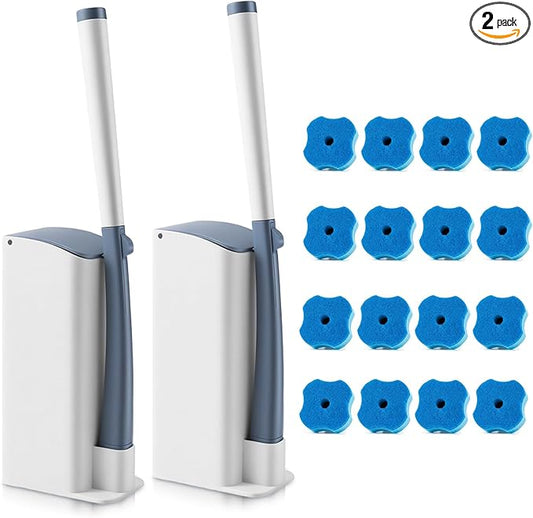 Disposable Toilet Brush with 16 Refills,2 Toilet Wand Brush Cleaning Kit,Wall Mounted Toilet Bowl Cleaner Kit with Holder for Bathroom Deep Cleaning & Hygiene- Blue & White-2 Pack