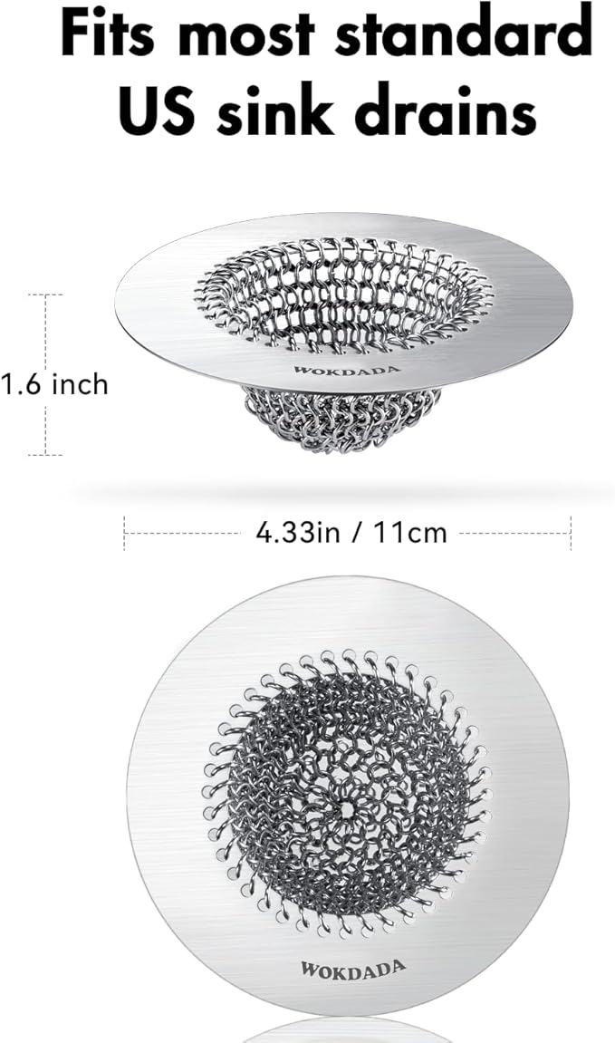 Wokdada Sink Drain Strainer, Reversible No Clog Mesh Kitchen Sink Drain Strainer, 304 Stainless Steel & Rust-Proof/Masterfully Handcrafted, Easy Clean, Dishwasher Safe, Fits Standard Sink Drain