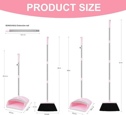 Broom and Dustpan Set House Brooms for Sweeping Indoor Collapsible Broom and Dust Pan Combo for Home Office Kitchen Lobby Floor Pet Hair (Pink)