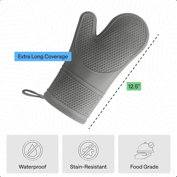 GORILLA GRIP BPA-Free Soft Silicone Oven Mitts, Heat Resistant and Waterproof Cooking Gloves, Thick Cotton Lining, Flexible Gripping for Baking Grilling, Kitchen Potholders Set of 2, 12.5x8.3, Gray
