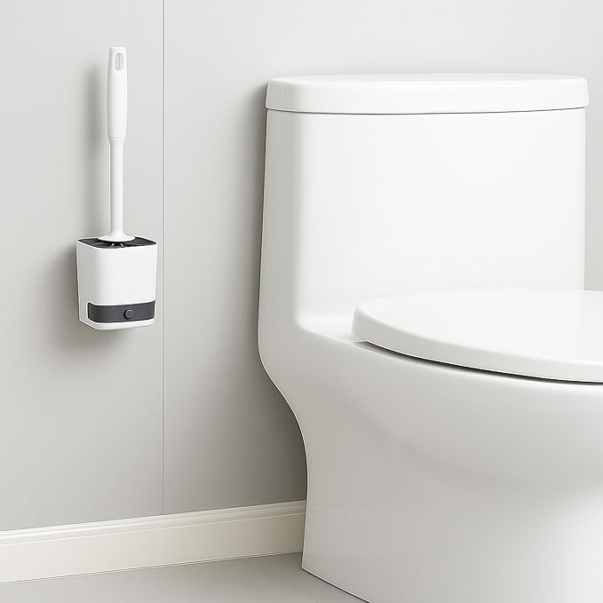 Silicone Toilet Brush with Holder – Wall-Mounted or Freestanding, No-Drill Adhesive Mount, Fast-Drying Ventilated Design with Drip Tray – Long Handle for Deep Cleaning, Compact for Small Bathrooms