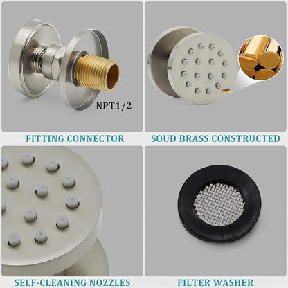 HOMEDEC 6pcs Round Brass Shower Body Spray Massage Jets Spa-like Bathroom Showerhead,Brushed Nickel