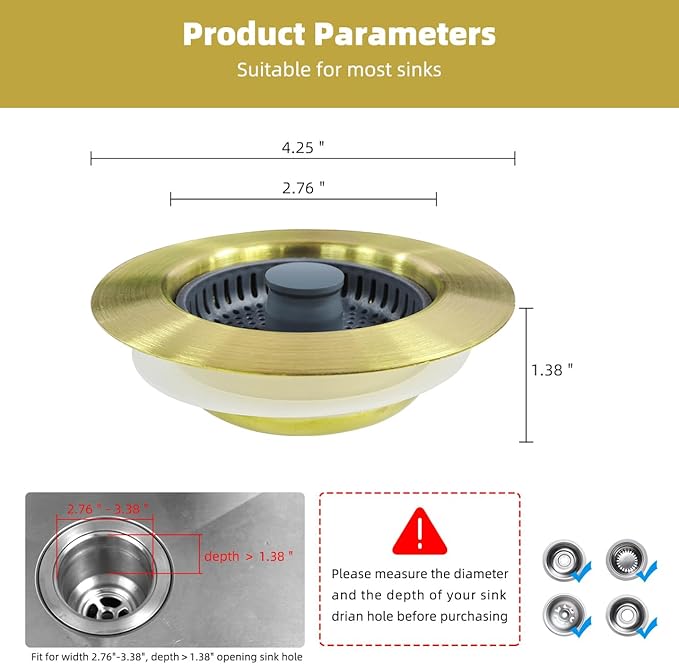 Hibbent 2 Pack Upgraded 3 in 1 Kitchen Sink Drain Strainer and Stopper Combo, Stainless Steel Metal Pop Up Sink Stopper, Anti-Clogging Basket Strainer for US Standard 3-1/2 Inch Drain, Brushed Gold