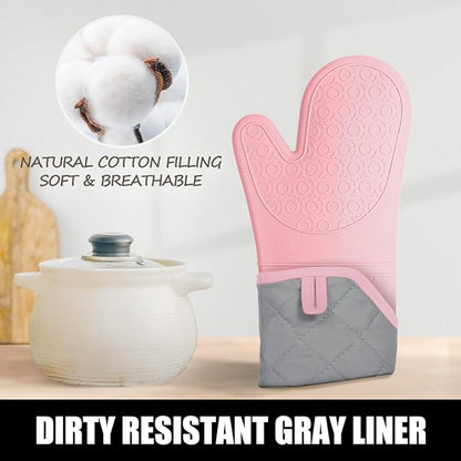 Rorecay 6pcs Oven Mitts and Pot Holders Sets for Kitchen, Extra Long Non-Slip Silicone Oven Gloves Heat Resistant 500 Degrees Potholders Hot Pads for Baking Cooking, Quilted Liner, Pink