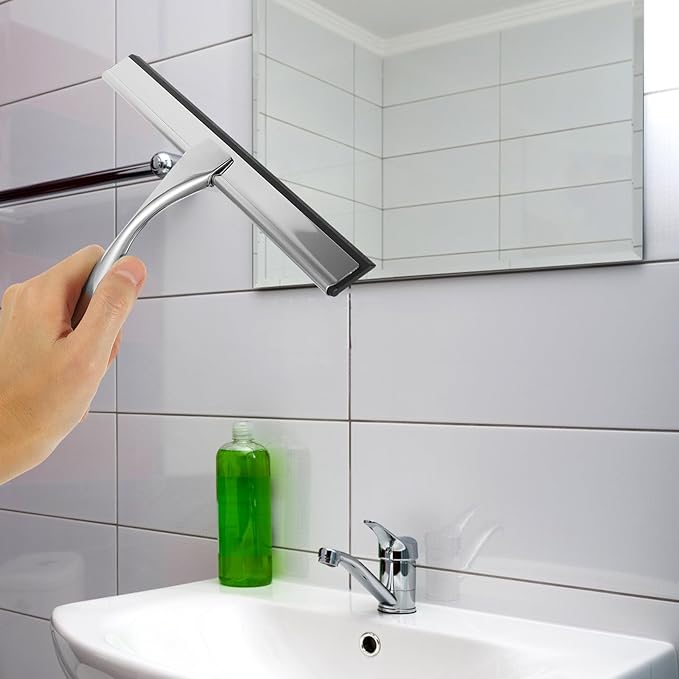 Toyvian Stainless Steel Shower Squeegee and Window Squeegee with 10-inch Blade and Adhesive Hook, Glass and Mirror Cleaner for Bathroom, Car, and Shower Door Use