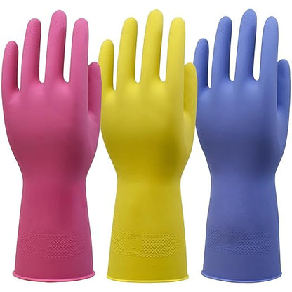 Rubber Kitchen Cleaning Gloves, Reusable Dishwashing Gloves, Non-Slip, with Flocked Liner, 3 Pairs (Pink+Yellow+Blue) (Large)