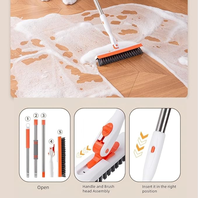 Grout Cleaning Brush with Adjustable Long Handle, V-Shaped Grout Scrub Brush for Tile Floors, 2 in 1 Stiff Bristle Scrub Brush for Crevice, Tile Line, Shower, Kitchen, Bathroom