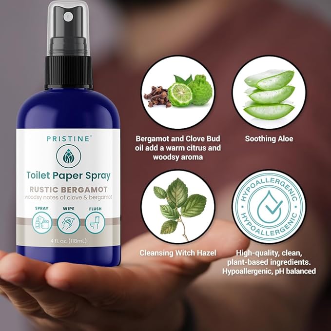 PRISTINE Toilet Paper Spray - As Seen on Shark Tank, More Natural Flushable Wet Wipes Alternative, Spray Toilet Paper to Create Flushable Wipe, Rustic, 1 fl oz Travel Size