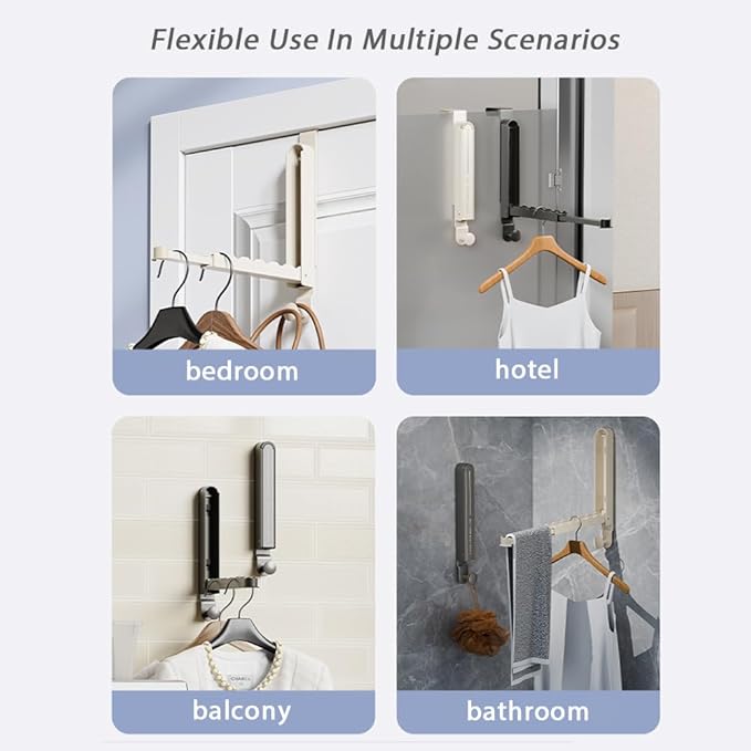 Folding Clothes Drying Rack with 3 Brackets for Over The Door and Wall Mount, All Metal Laundry Dryer Rack with Retractable Rod for Towel, Fit Doors Thickness from 0.59in to 1.96in (Cream White)