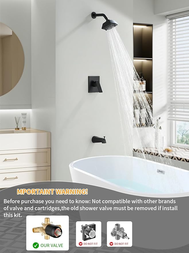 Black Shower Head and Handle Set 5 Inch Bathtub Faucet Shower Faucet with 6-Spray Shower Head Shower Valve Kit Modern Shower Set High-Pressure Shower Trim Kit