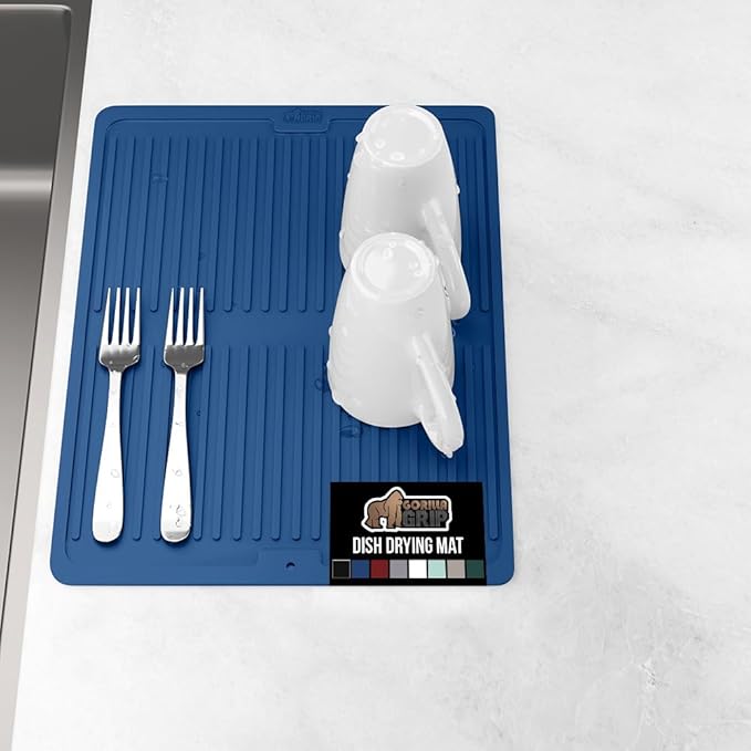 GORILLA GRIP 100% BPA-Free Patented Silicone Dish Drying Mat for Kitchen Counter, Water Catching Ribbed Design, Easy Clean Waterproof Sink Liner, Heat Resistant, Fits Under Rack, 11x13 Inch, Blue