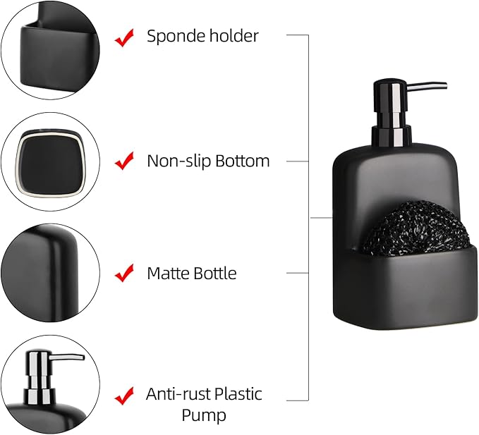 Dish Soap Dispenser - Kitchen Soap Dispenser with Sponge Holder Matte Ceramic Soap Daddy Dispenser 20oz for Kitchen (Matte Black)
