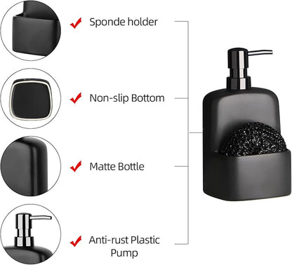 Dish Soap Dispenser - Kitchen Soap Dispenser with Sponge Holder Matte Ceramic Soap Daddy Dispenser 20oz for Kitchen (Matte Black)
